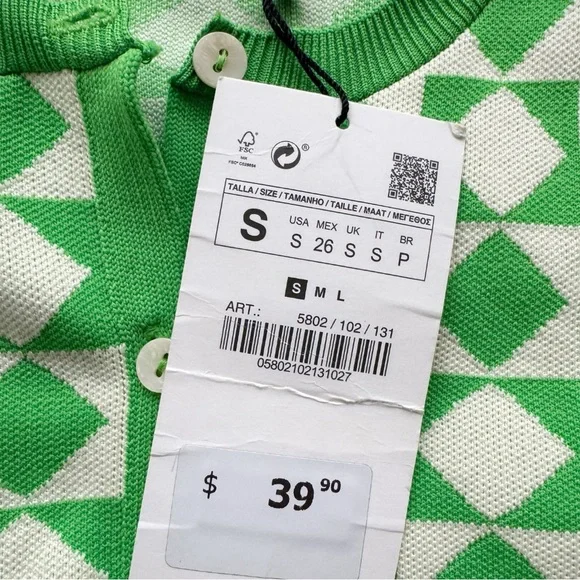 Zara Green and Off White Cropped Waist Cardigan NWT Sz Small - Picture 4 of 6